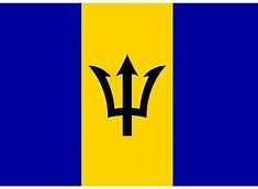 [ai] The national flag of Barbados featuring three vertical bands of ultramarine, a central gold band, and a black trident head centered in the gold band.
